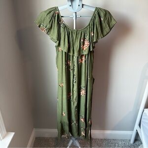 Anthropologie Kindred Embroidered Midi Dress 2X Green Boho Floral Tiered Romance